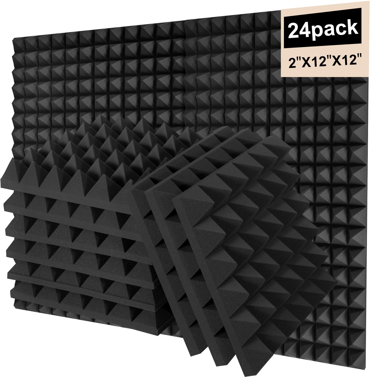 24 Pack Sound Proof Foam Panels for Walls, 2'X 12' X 12' Pyramid Designed Acoustic Foam Panels