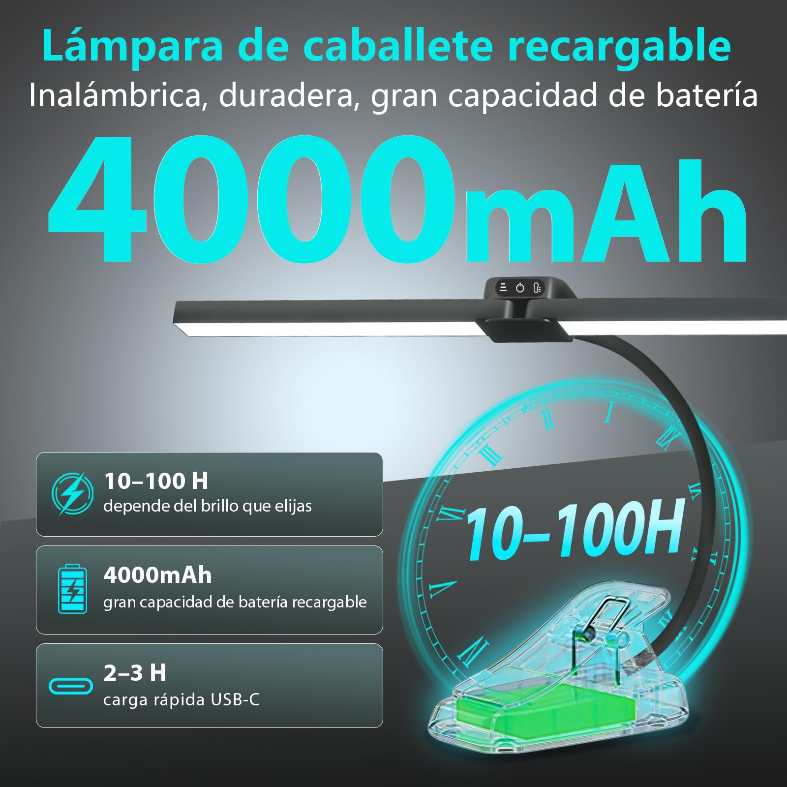 Lámpara de Pinza para Caballete Pintura Inalámbrica Recargable, 64 Ledes, 4 Temperaturas Color y 3 Niveles Brillo, Lámpara Escritorio Inalámbrica para Artista Pintura Dibujo Control Táctil