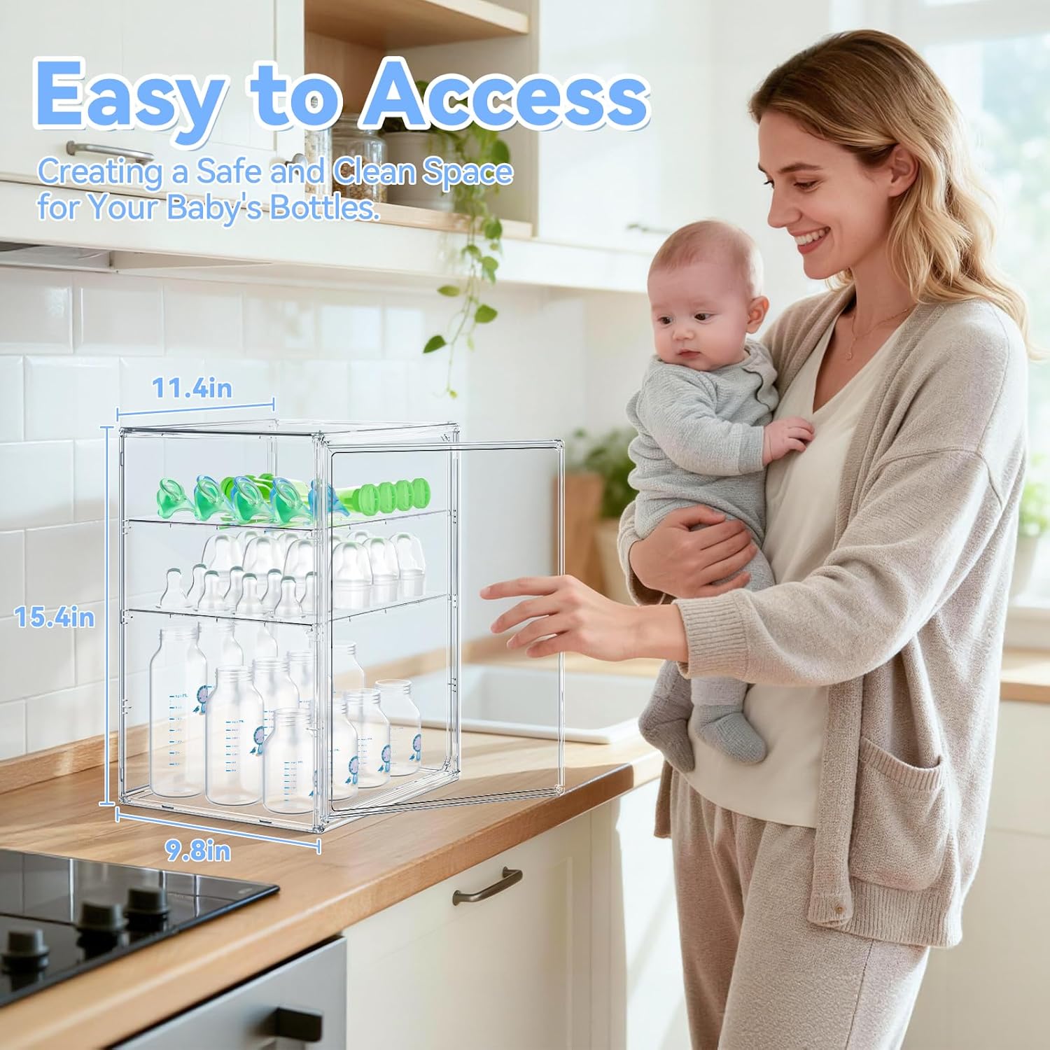 Baby Bottle Storage Organizer for Countertop, X-Large Clear Bottle Organizer, Baby Bottle Storage Organizer for Bottles, Nipples, Pump Parts & Food Jars, Nursery Cabinet, Kitchen Pantry