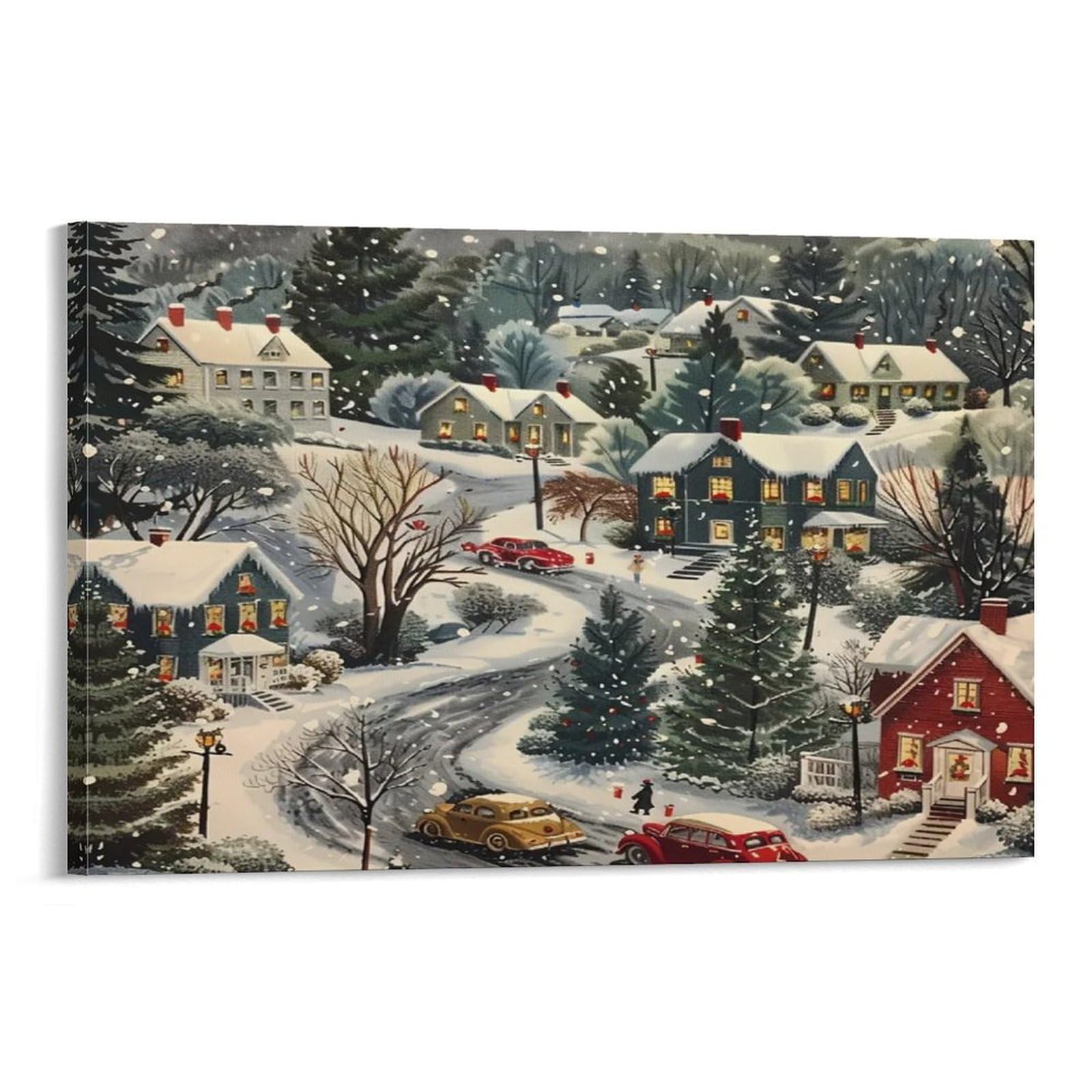CPLVKWRQJ Snowy Christmas Village Scene 1 Piece Snowy Mountain Village Winding Road Homes Canvas Wall Decor - Bedroom Canvas Painting Easy to Clean Space Transformer Art 20x30inch(50x75cm)