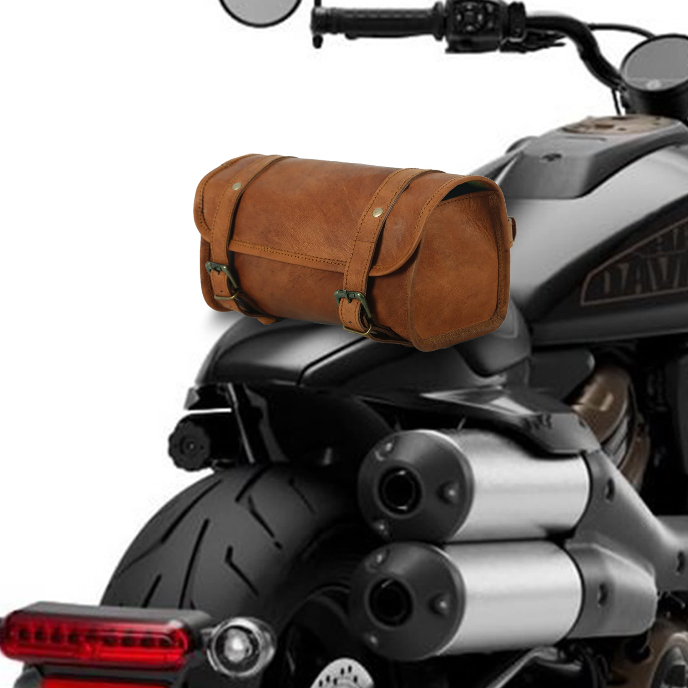 Urooj Handicraft Prawdziwa kozja skóra vintage motocykl 2 pasek klamra zapięcie narzędzie brązowa torba szybkie zapięcie wzmocnione do kierownicy, widelców, Sissy Bar - 25 cm Boże Narodzenie Nowy Rok