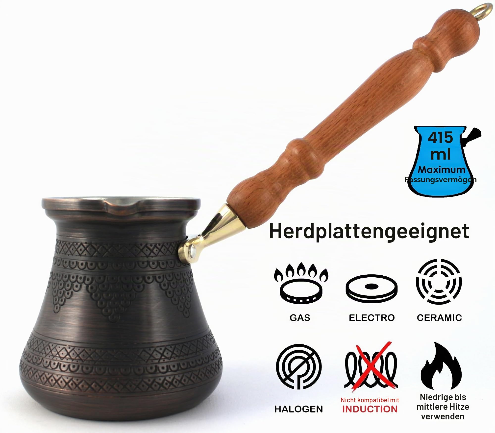 DEDE Copper,PCZ-Serie (groß, 3.5 ml) – dickstes massives Kupfer-Gravur/gehämmerte türkische, arabische Kaffeekanne mit Holzgriff, Herd-Kaffeemaschine Cezve Jezve Jazva Ibrik Briki (Antik)
