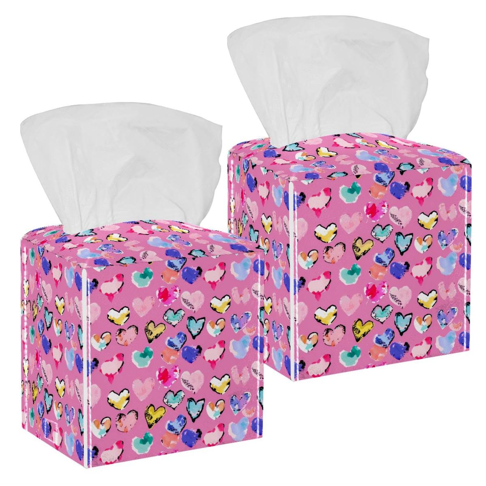 Colorful Heart Tissue Box Cover, 2 Pack PU Leather Square Facial Tissue Dispenser Box holder for Home Office Car