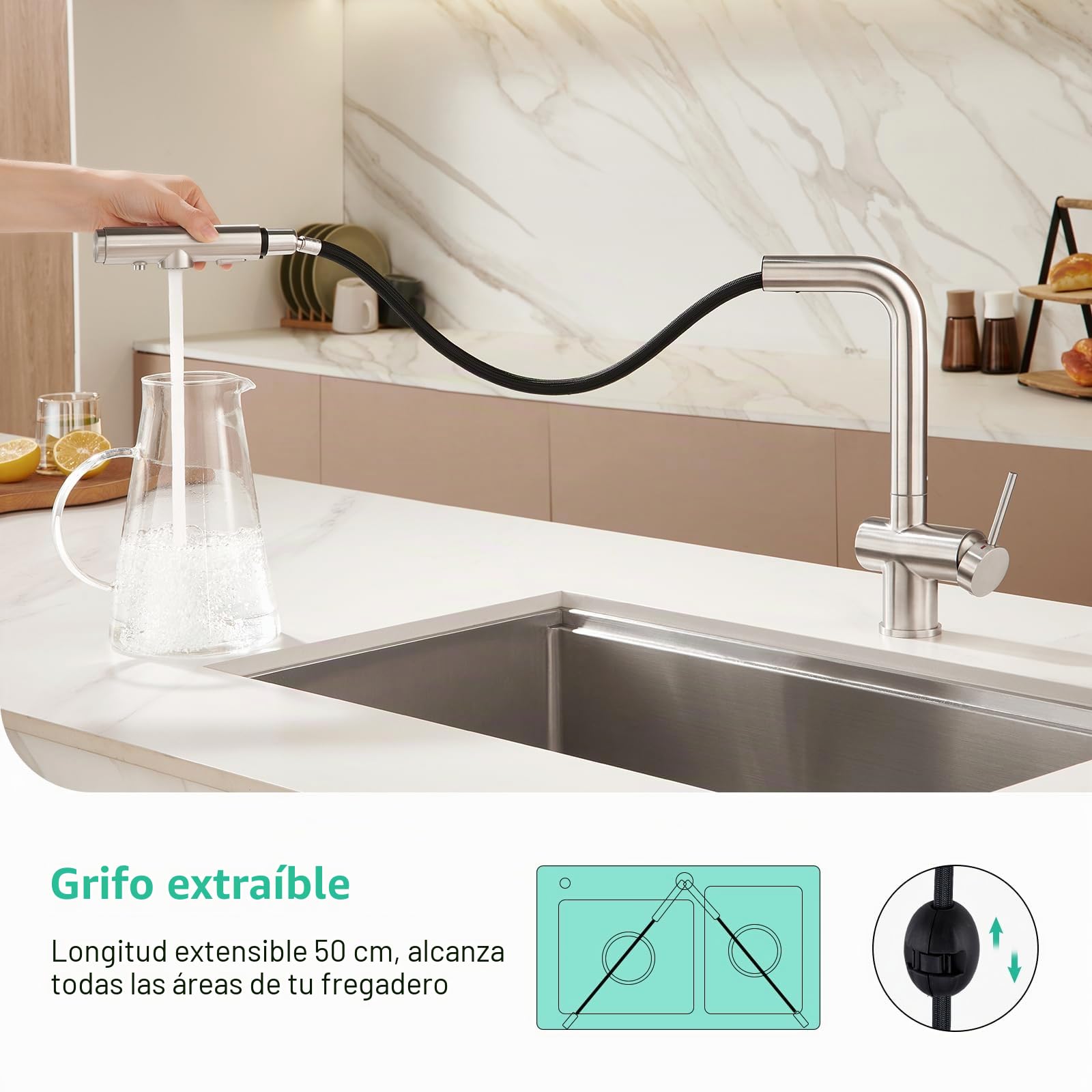 Faustina Grifo de cocina de 3 vías con ducha extraíble, grifo monomando, grifo de fregadero, grifo de agua potable para cocina para ósmosis inversa y filtro de agua de acero inoxidable cepillado
