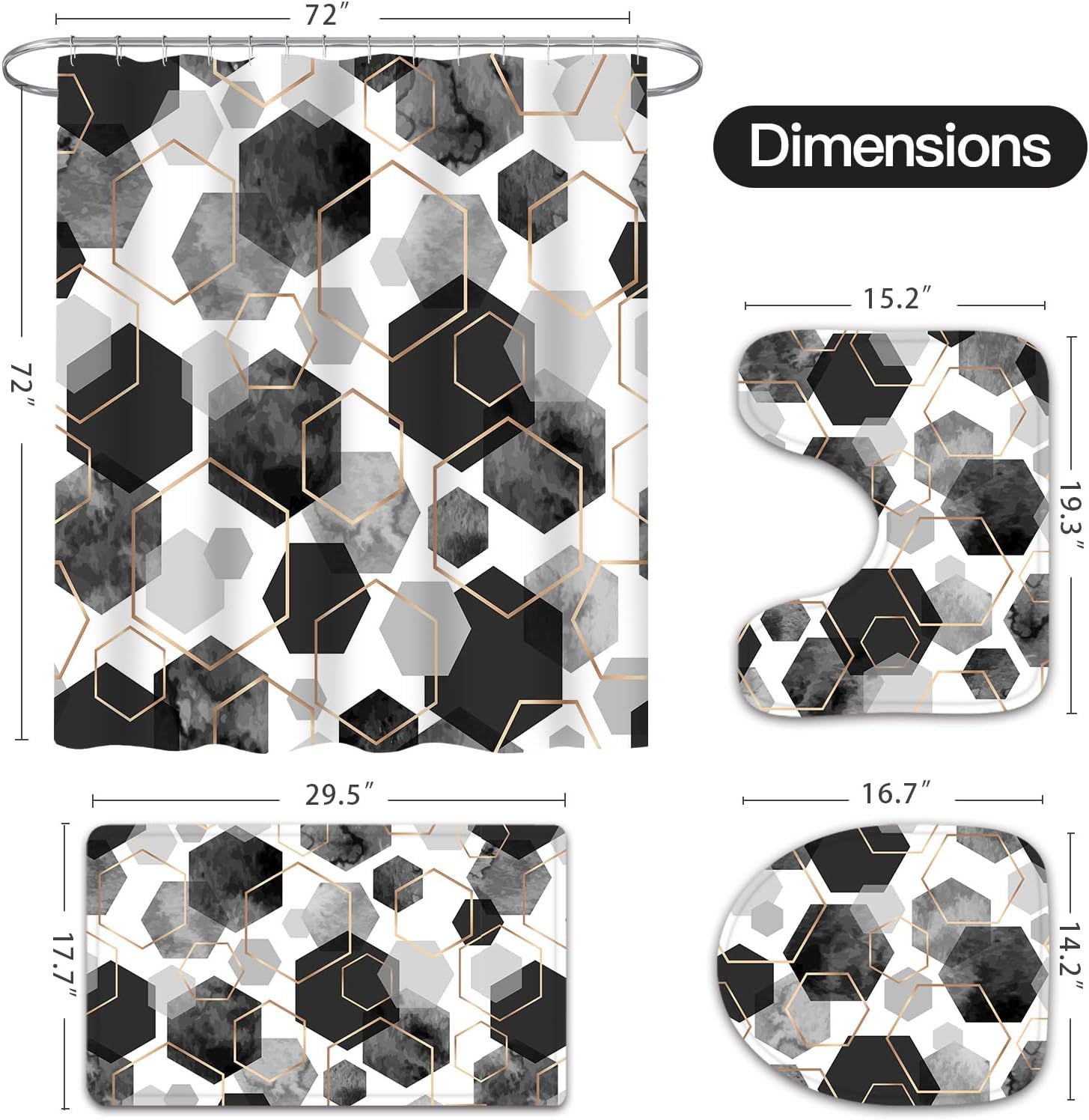 Litabel 4 Pcs Black and Grey Modern Geometric Shower Curtain Set with Non-Slip Rugs, Toilet Lid Cover and Bath Mat, Abstract Bathroom Decor Set with Shower Curtain and Rugs
