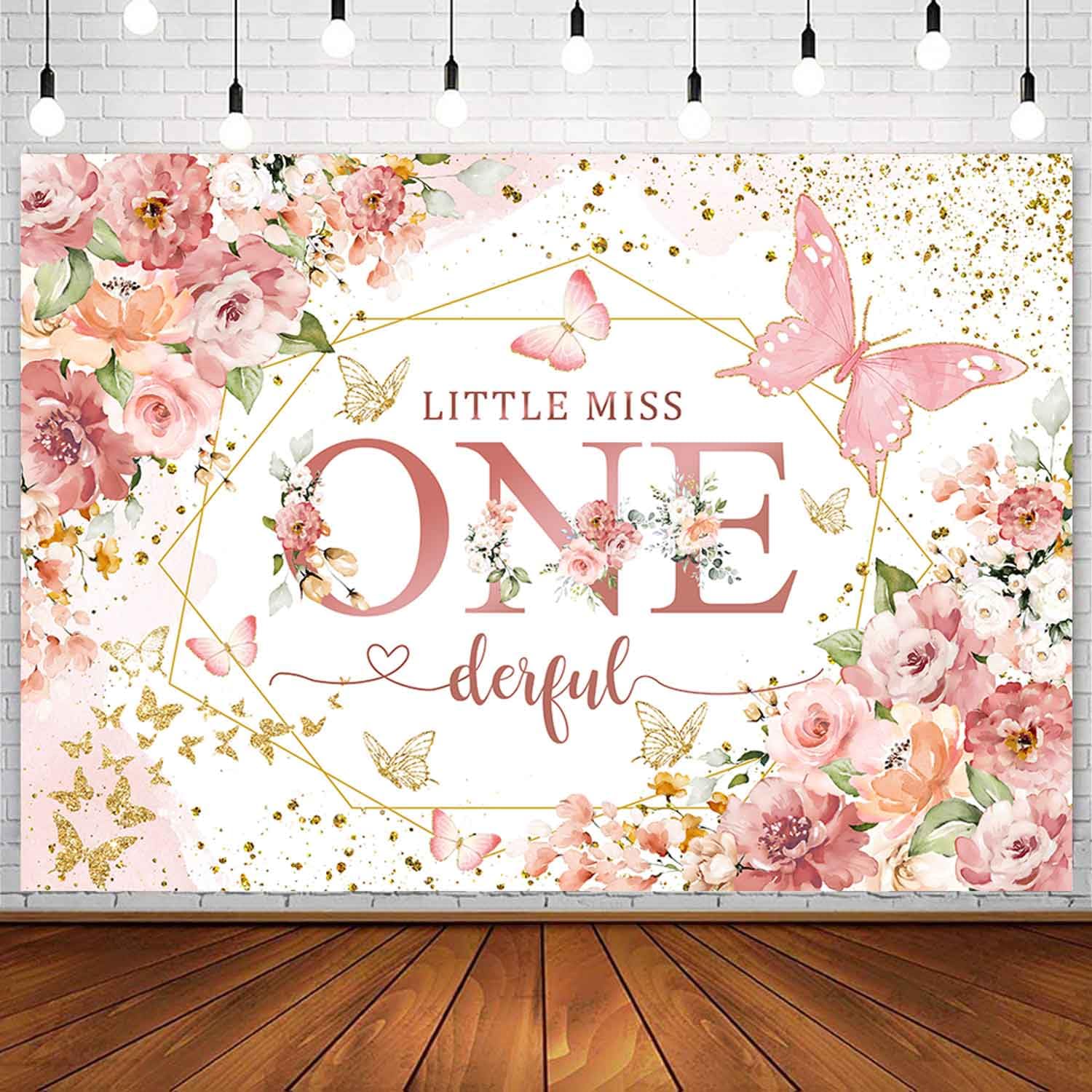 Sensfun Little Miss Onederful 1st Birthday Backdrop Blush Pink Floral Butterfly Photography Background Princess Sweet Baby Girl First Birthday