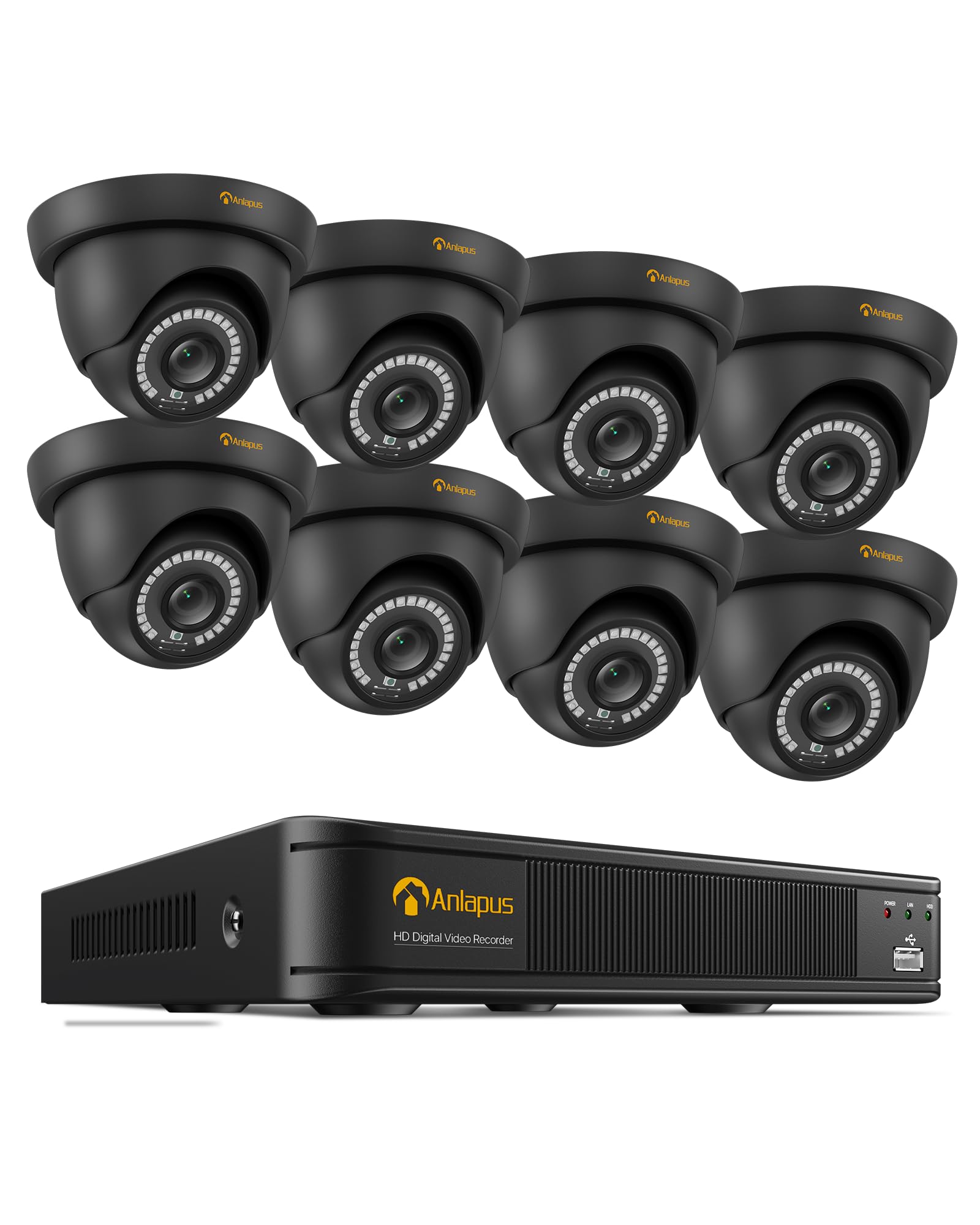 Anlapus Set di telecamere di sorveglianza 1080P per esterni, 8CH DVR senza HDD, 8 telecamere dome da 2 MP, videosorveglianza KI, riconoscimento persone e veicoli, impermeabile IP66, visione notturna