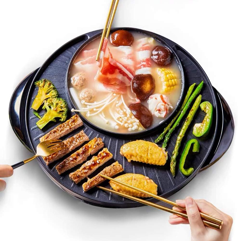 Minvo Gourmandism 2 in 1 Multifuction Electric BBQ Poke Hot Pot Barbecue Machine, Korean Barbecue Grill and Boil Machine Griddle Plate