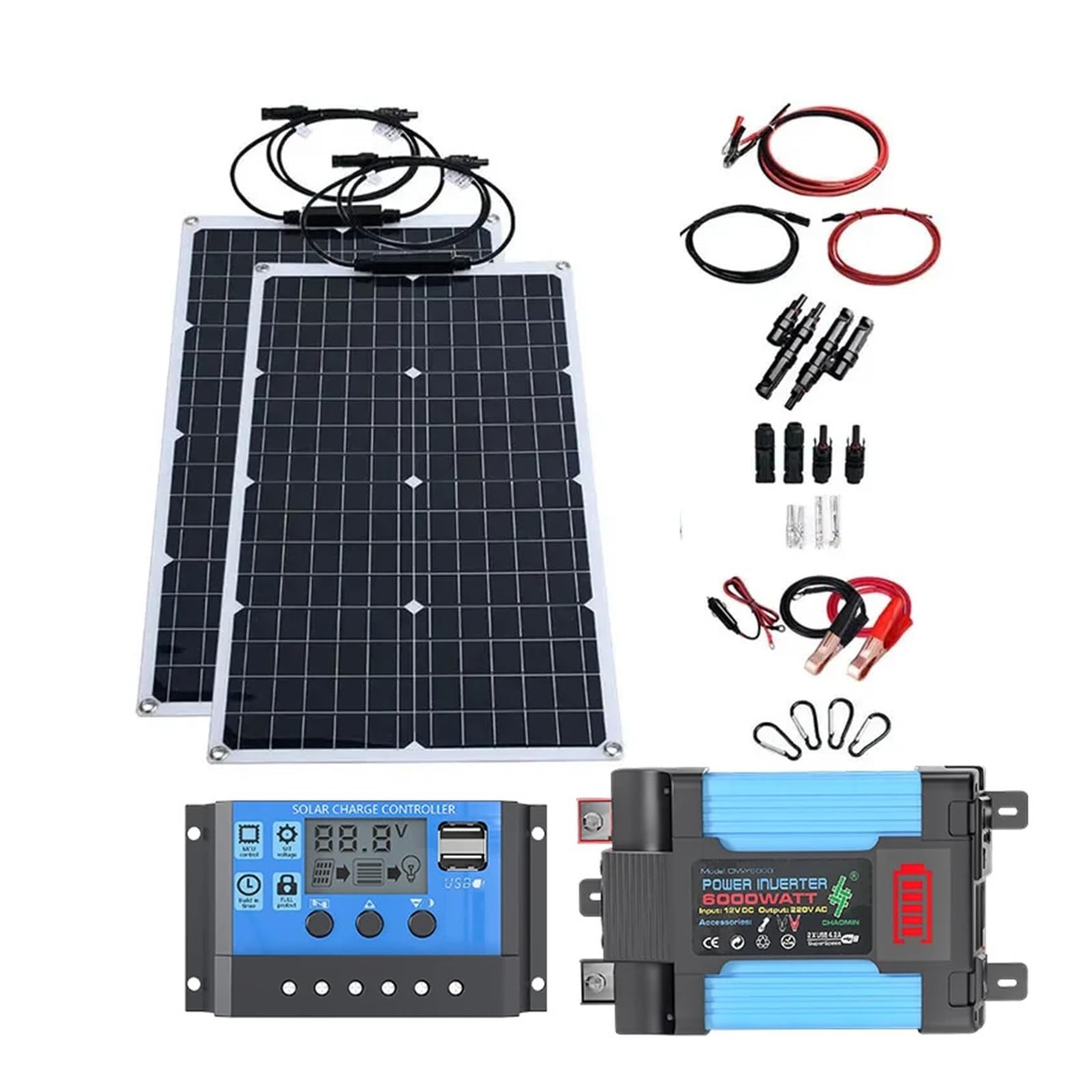Kit solar de 6000 W: paneles solares flexibles + inversor inteligente de 12 V y doble voltaje (110 V/220 V) - Listo for el hogar/camping(220V 6000W kit)