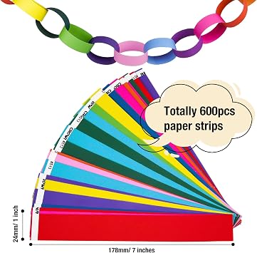 CHRORINE 600Pcs Colorful Paper Chains Strips for Birthday Party Decorations DIY Crafts Supplies (Rainbow, 1 x 7.08 inches)
