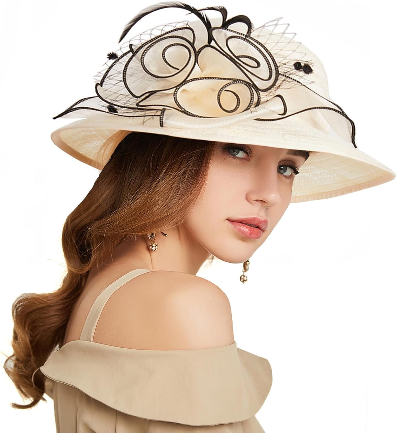 RZTA Women's Kentucky Derby Church Dress Hat Wide Brim Leaf Flower Bridal Shower Hat