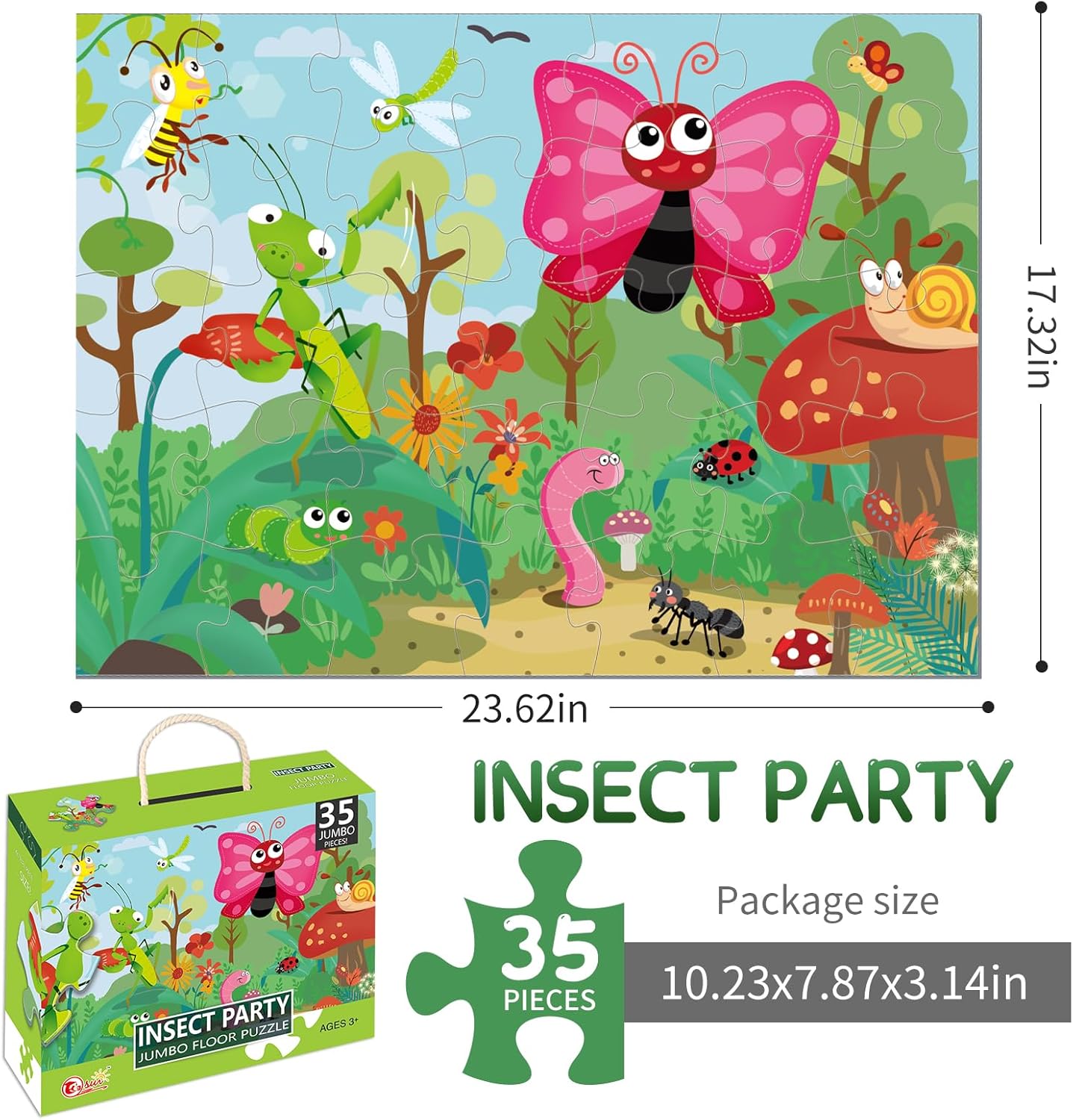 Jumbo Floor Puzzle for Kids Insect Party Jigsaw Puzzles 35-Piece Ages 3-5，Preschool Learning Development Toys Large Floor Puzzle for Toddlers&Kids Ages 4-8 Years Old (2 x 1.4 Feet)