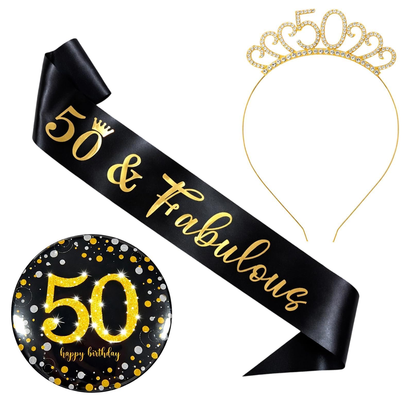 3 Pcs 50th Birthday Sash for Women, 50th Birthday Badge Set, Fun 50ths Birthdays Decorations for Milestone Celebrations, 1 Gold Headband and 1 Black Sash ﻿