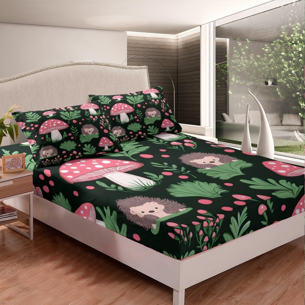 Erosebridal Hedgehog & Mushroom Fitted Sheet,Queen Size Pink Cartoon Animal Print Bed Sheets,Cute Forest Wildlife Fitted Bed Sheets,Whimsical Woodland Animal Theme Bedding Set for Kids Boys Girls