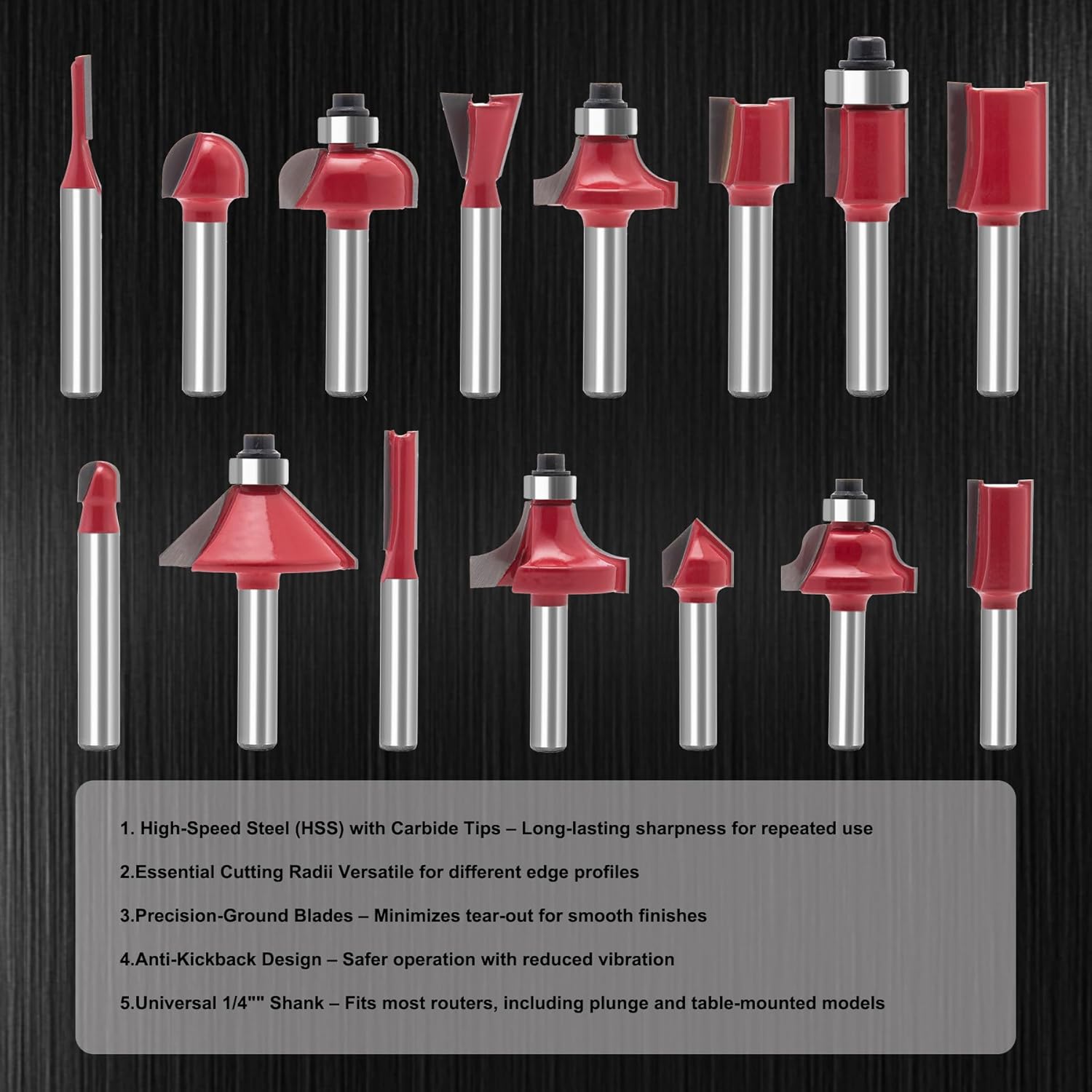 Lock Miter Router Bit Kit for Woodworking - 1/4" Shank Roundover, Rabbeting, Tongue & Groove, Cabinet Door, Rail & Stile Router Bits (Router Bit-1/4 Inch Shank-15 pcs)