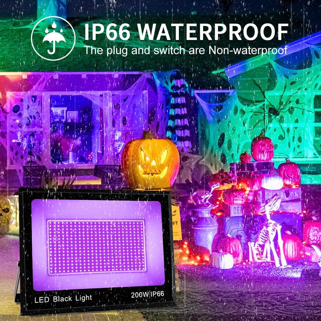 2 Pack 200W LED Black Light, Blacklight Flood With Plug & Switch, IP66 Waterproof Outdoor Spotlight for Neon Glow Party Fluorescent Poster Body Paint Stage Lighting Halloween Decor