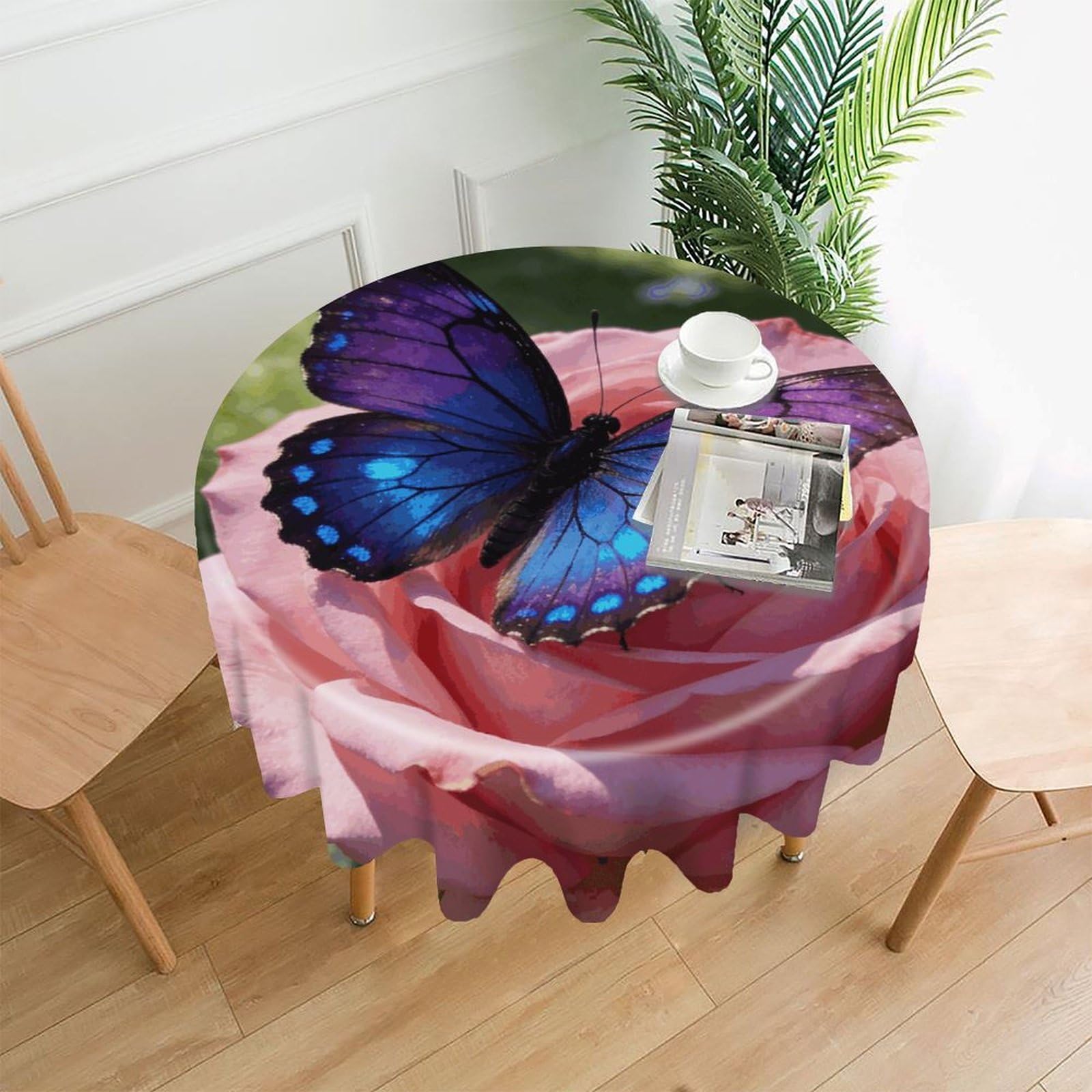 LZQPOEAS Butterfly and Flowers Tablecloth Easy to Clean Polyester Round Table Cover Washable Round Table Cloth Wrinkle-Free Circle Decoration Tablecloth for Kitchen and Dining Room 60"