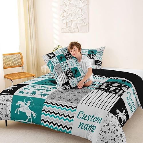 Miniatura 5 de Erosebridal Juego de ropa de cama personalizado con diseño de carrera de barril, colcha occidental a cuadros, juego de edredón con estrellas