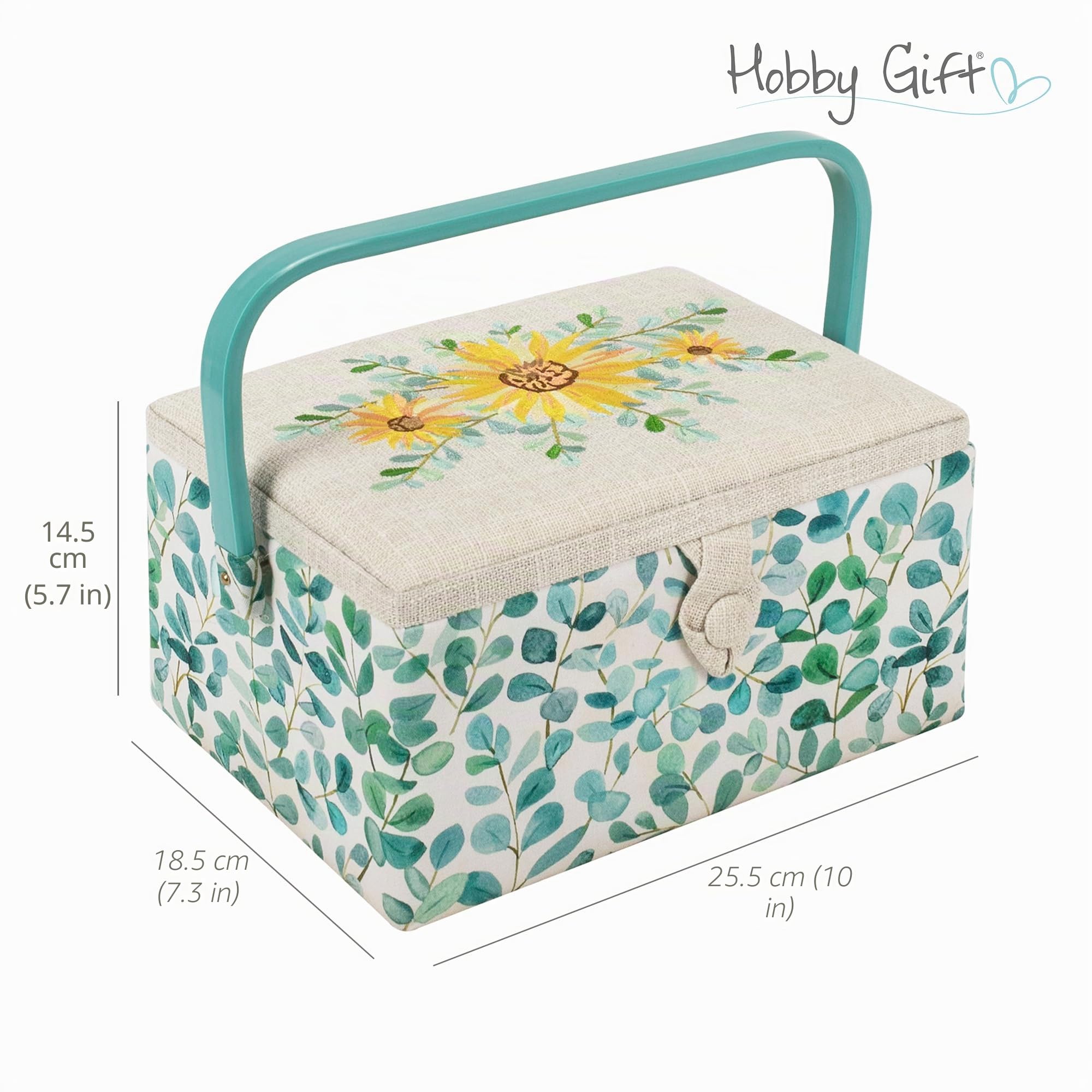 Hobby Gift Caja de Costura Mediana con Asa, Cesta de Algodón para Almacenaje de Costura, Organizador con Compartimentos para Herramientas y Accesorios, 18,5 x 25,5 x 14,5 cm, Eucalipto