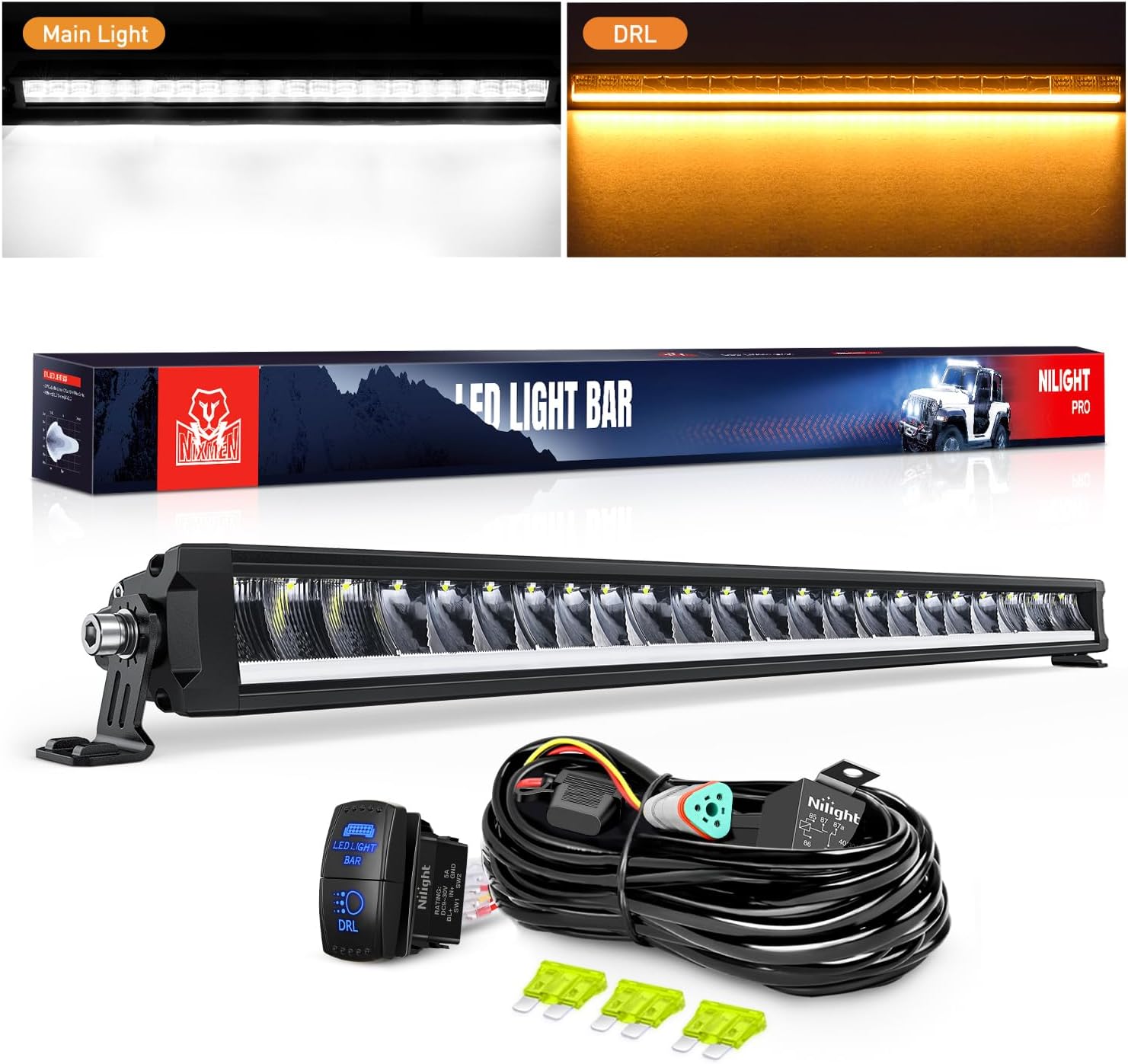 Nilight LED Light Bar with Amber DRL 30 Inch 120W Single Row Offroad Light Anti-Glare Flood Spot Combo LED Driving Bar IP68 w/ 14AWG DT Wiring Kit for Pickup Truck SUV ATV UTV Boat 4×4 Nilight LED Light Bar with Amber DRL 30 Inch 120W Single Row Offroad Light Anti-Glare Flood Spot Combo LED Driving Bar IP68 w/ 14AWG DT Wiring Kit for Pickup Truck SUV ATV UTV Boat 4×4