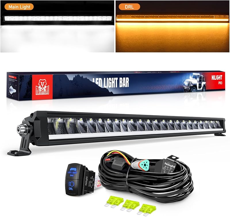 LED Light Bar with Amber DRL 30 Inch 120W Single Row Light | Offroad Light Anti-Glare Flood Spot Combo LED Driving Bar IP68 w/ 14AWG DT Wiring Kit for Pickup Truck SUV ATV UTV Boat 4x4
