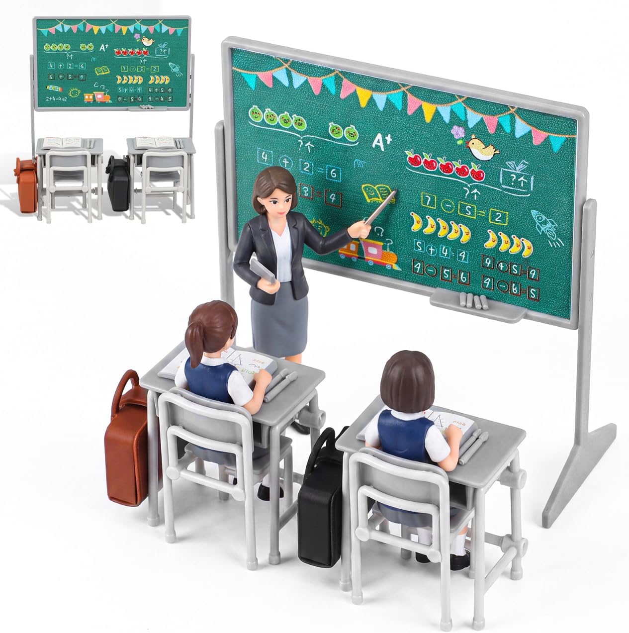 KESYOO 13Pcs Miniature Dollhouse School Furniture: Desk Chair Set - Classroom Accessories with Blackboard Books Schoolbag for Collectors - Micro Diorama Decor