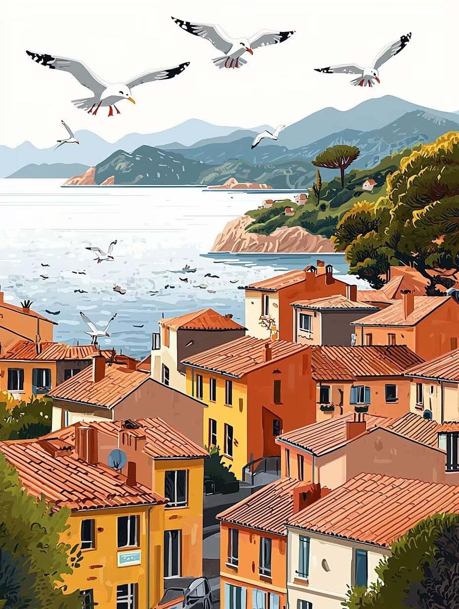 Kit de peinture par numéros - Mouette au dessus du village - 70x90cm v-1002