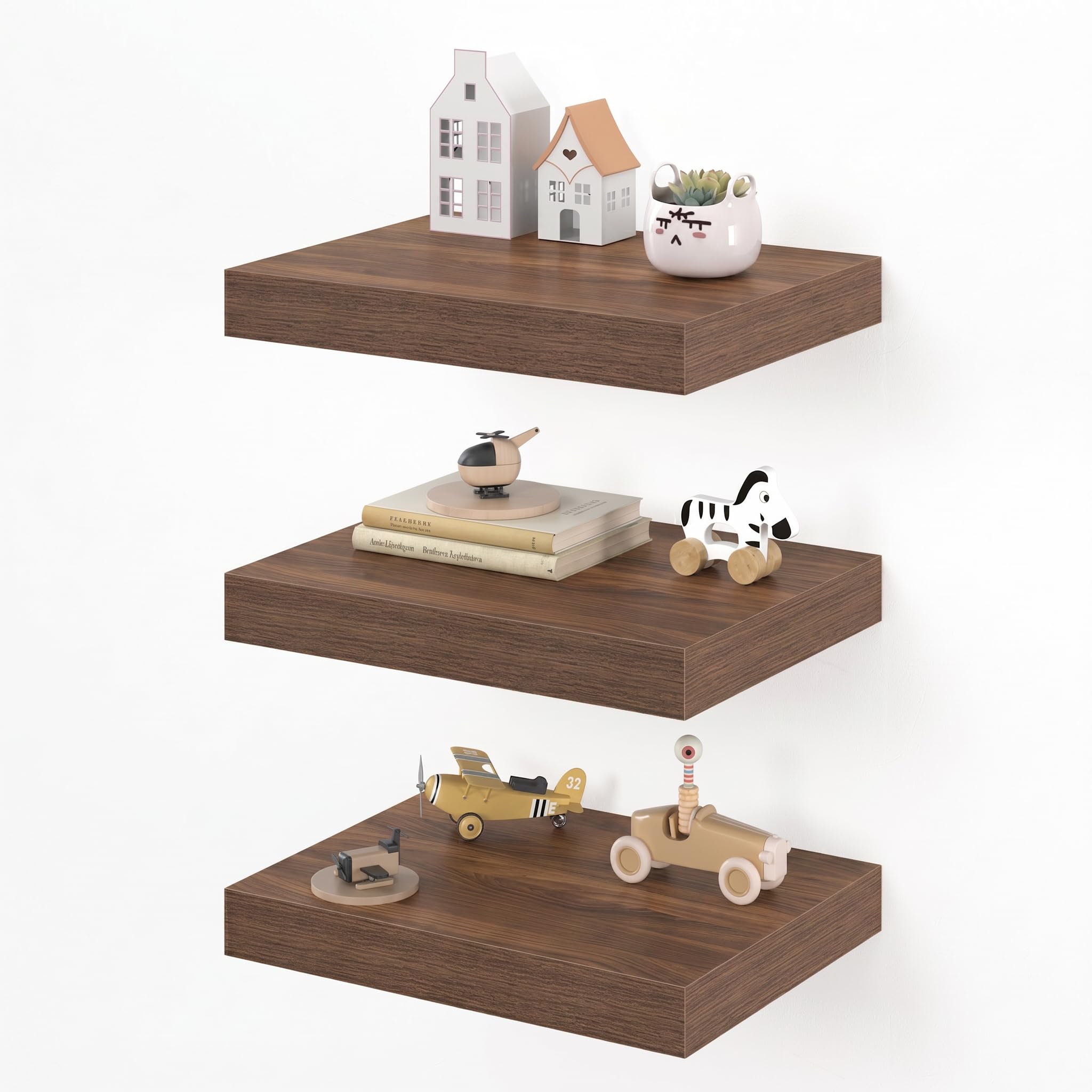 Dreamland 16" Floating Shelves for Wall, 12" Deep Thicker Walnut Floating Shelves, Wall-Mounted Shelves for Bedroom, Living Room, Kitchen, Bathroom - Set of 3