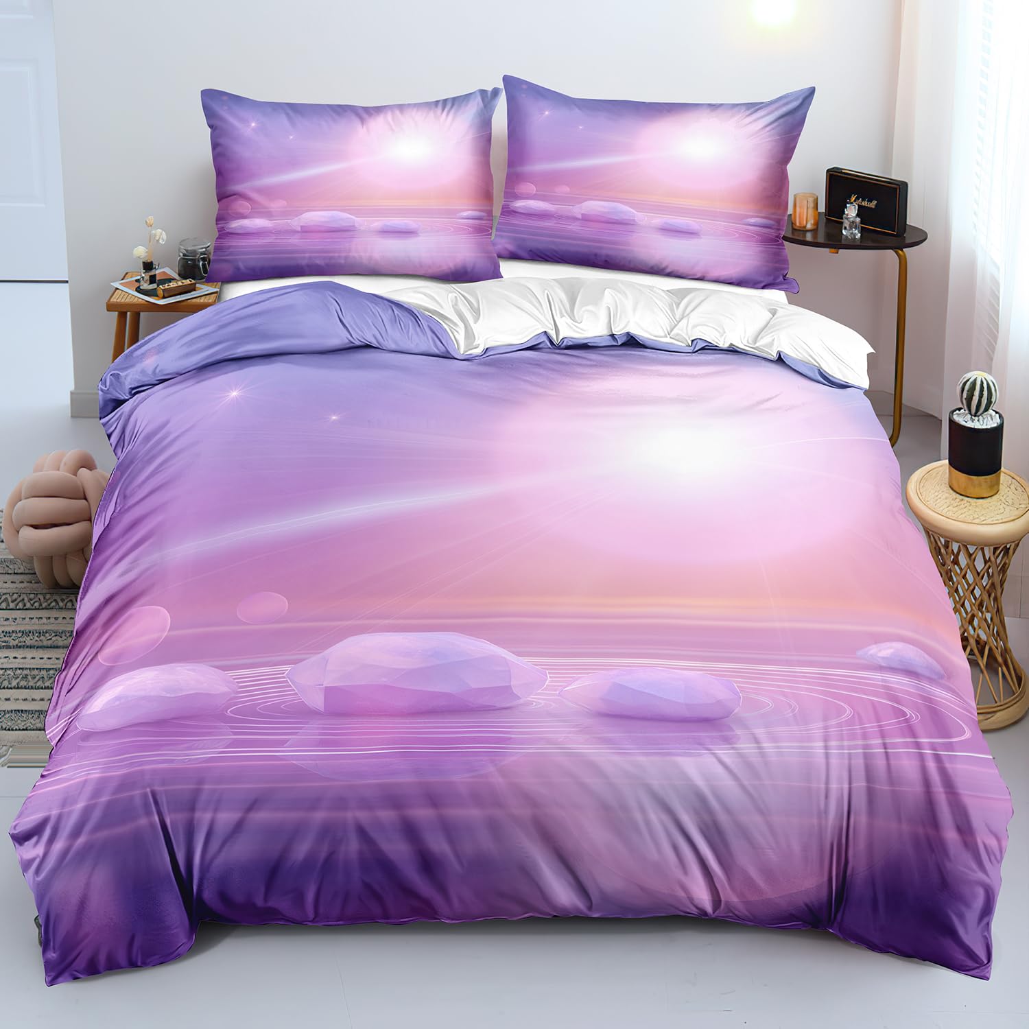 Parure de lit 260x240 girly rose et violette en microfibre avec ses taies d'oreiller