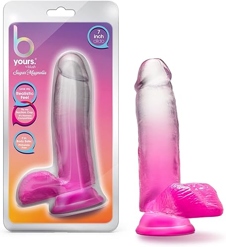 Blush B Yours Sugar Magnolia - Consolador realista de 6.75 pulgadas con bolas, gallo vaginal o anal rosa degradado, ventosa, compatible con correa,
