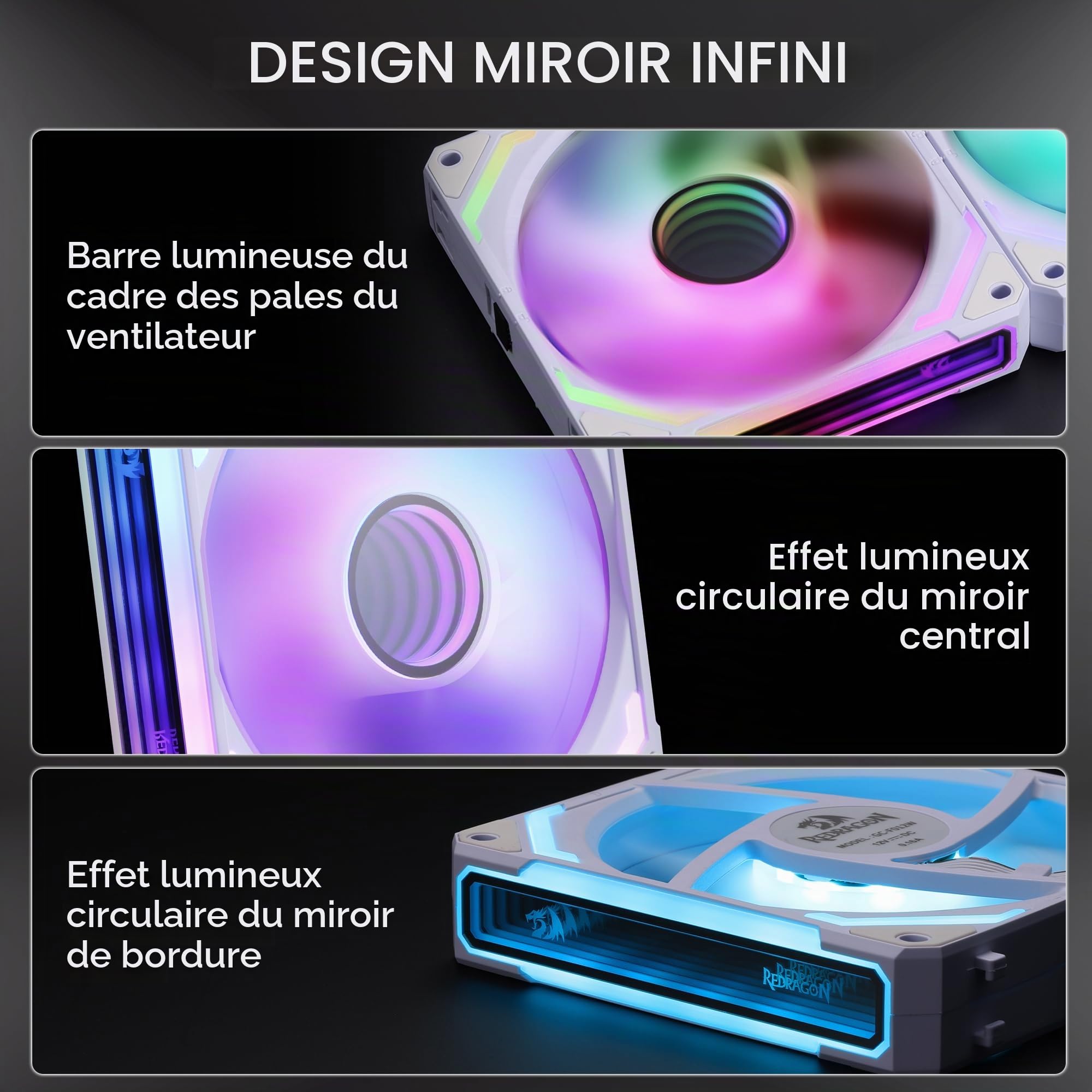 Redragon GCF012 Lot de 3 ventilateurs boîtier PC 120 mm, chaîne, éclairage ARGB 5 V 3 broches, ventilateur PWM 4 broches, refroidissement radiateur/boîtier