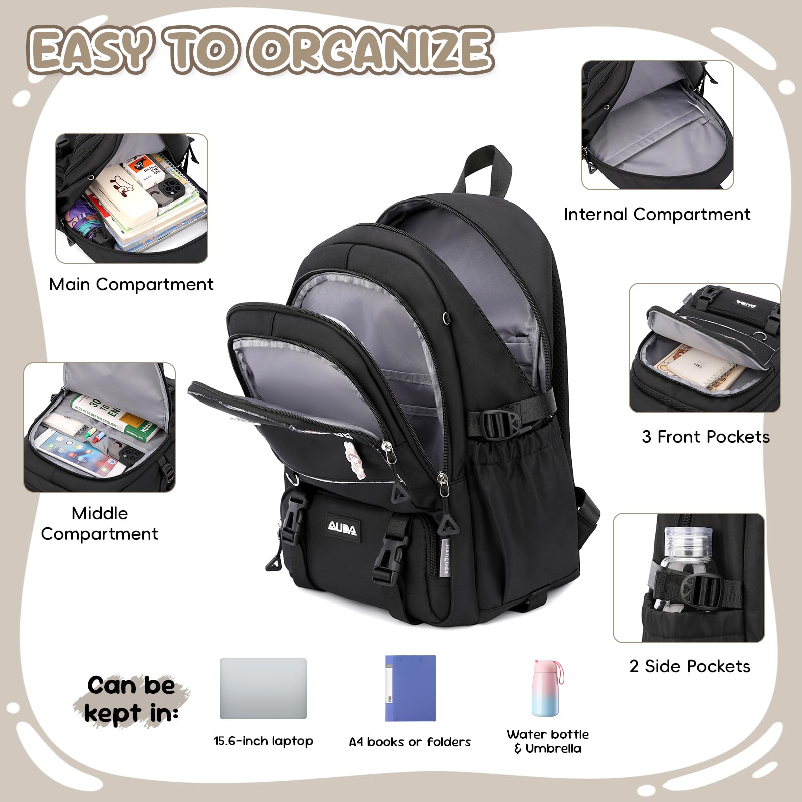 Amythe Zaino con Rotelle per Ragazza, 6 Ruote, con Ciondolo, Nero | 2 in 1 Zaino Trolley Scuola Elementare Media per Bambina Adolescenti da 9 a 18 anni, Carrello Removibile, Ritorno / Viaggi