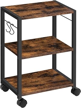 MAHANCRIS Printer Stand, 3-Tier Under Desk Rolling Cart with Storage Shelf, Heavy Duty Printer Table with Wheels for Home and Office, Printer Shelf with 2 Hooks, Small Spaces, Rustic Brown PTHR4001Z