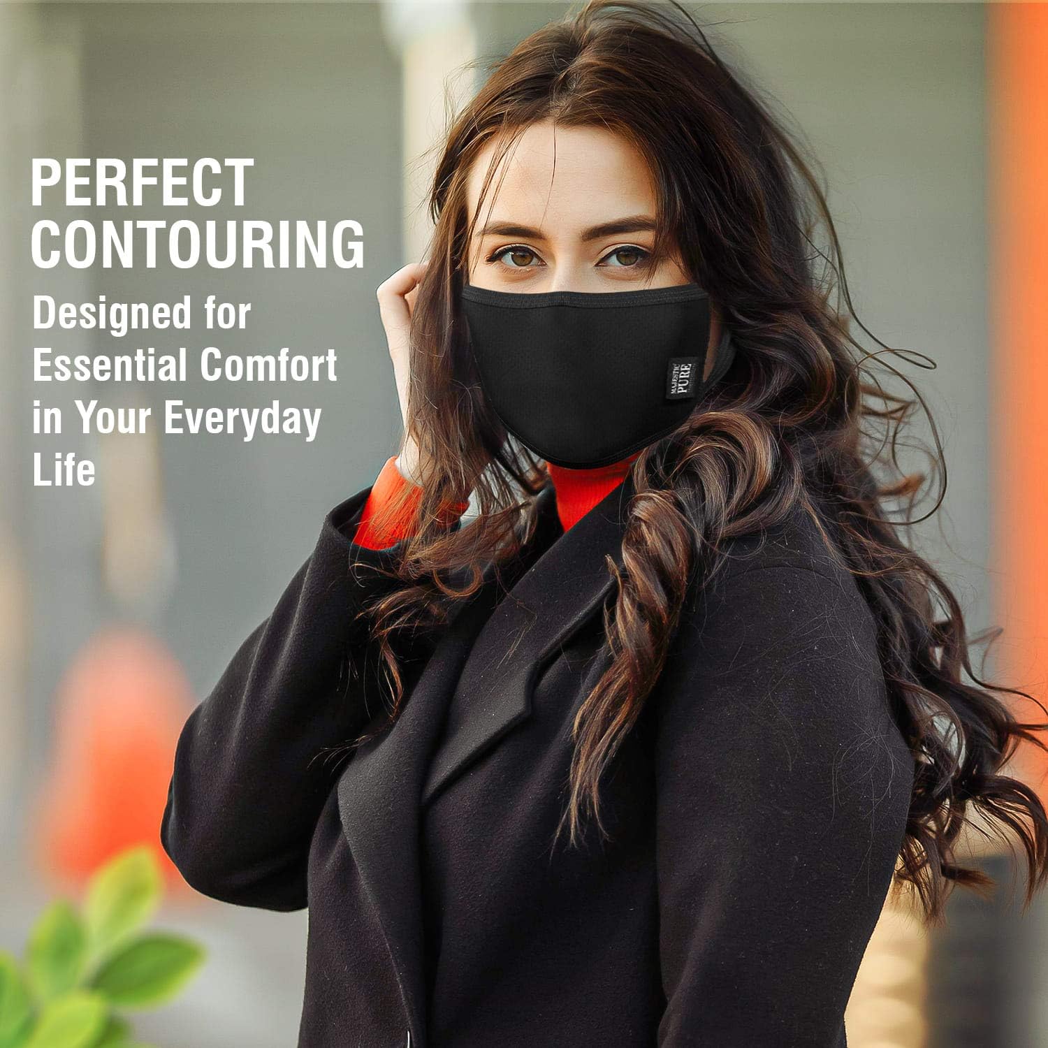 Majestic Pure Black Face Masks Washable - Reusable 3-Layer Elasticized Ear Loops Design - Unisex - Breathable - for Home Office, Work, Outdoors - One Size Fits Most Adults & Teens, 3-Pack