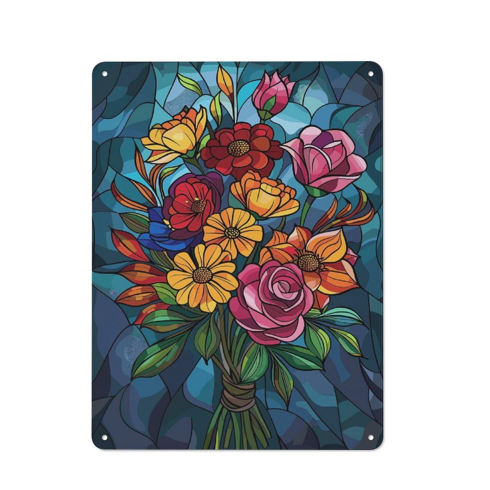 Junmoney Flower Stained Glass Retro Tin Wall Plaque 40X30cm For Home Office Or Studio, Wall Decoration For Home Offices And Studios