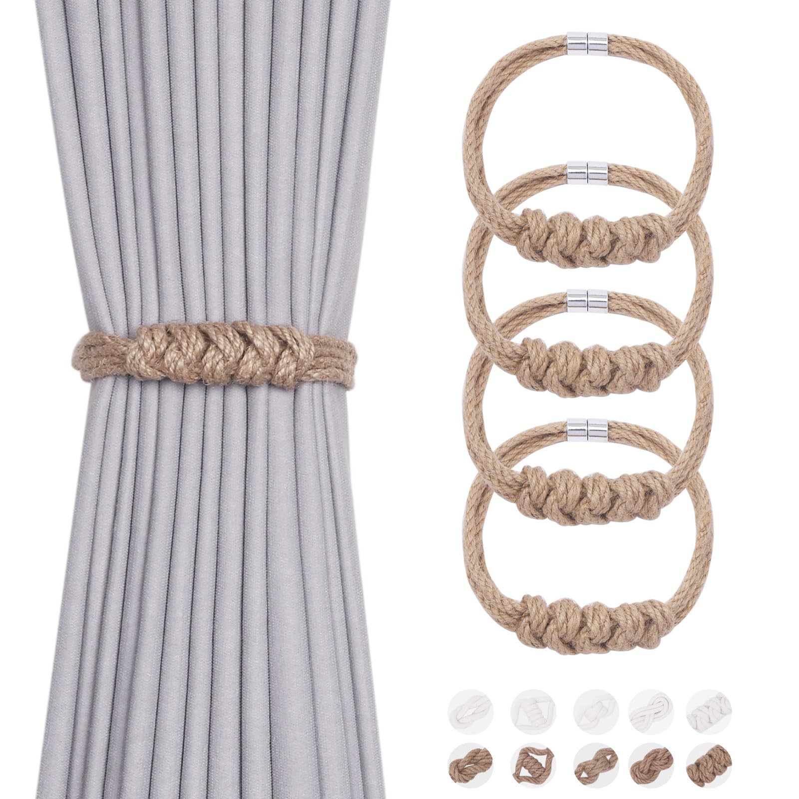 Pretty Jolly 4 Pack Natural Jute Rope Curtain Tiebacks Elegant Boho Style Magnetic Drape Tie Backs Soft Hand-Woven Rope Curtain Holdbacks for Home & Office Drapery (Jute knot-04)