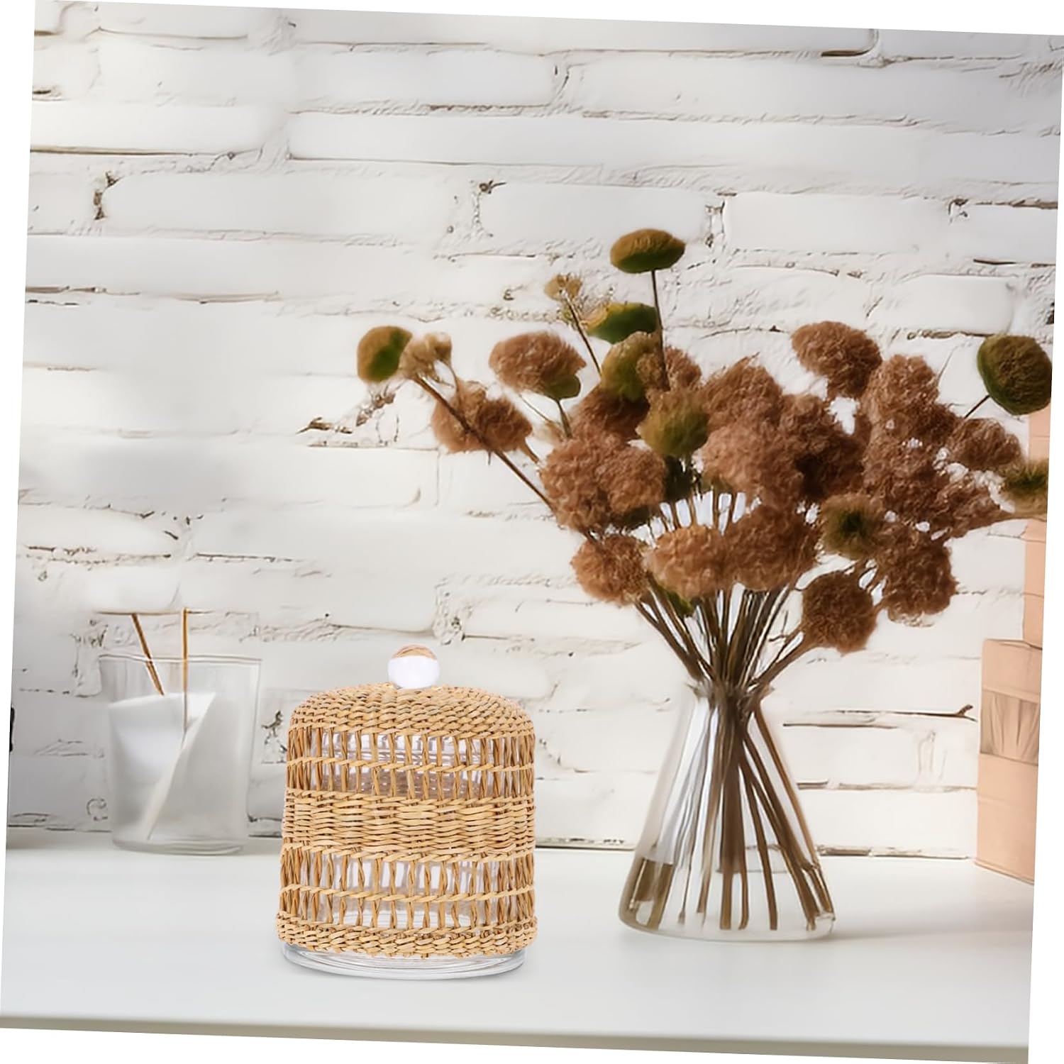 SOLUSTRE Glass Cloche Candle Holder for Home Decor Straw Glass Scented Candle Cover Multi-use Centerpiece