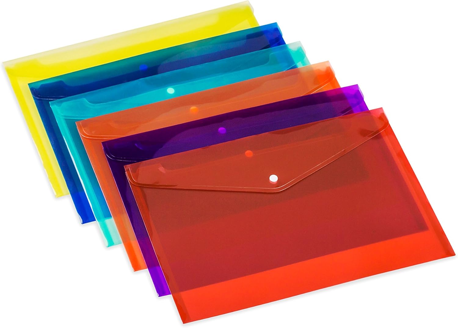 Stack of Lightahead LA-7550 clear document folders in various colors, showing the snap button closure.