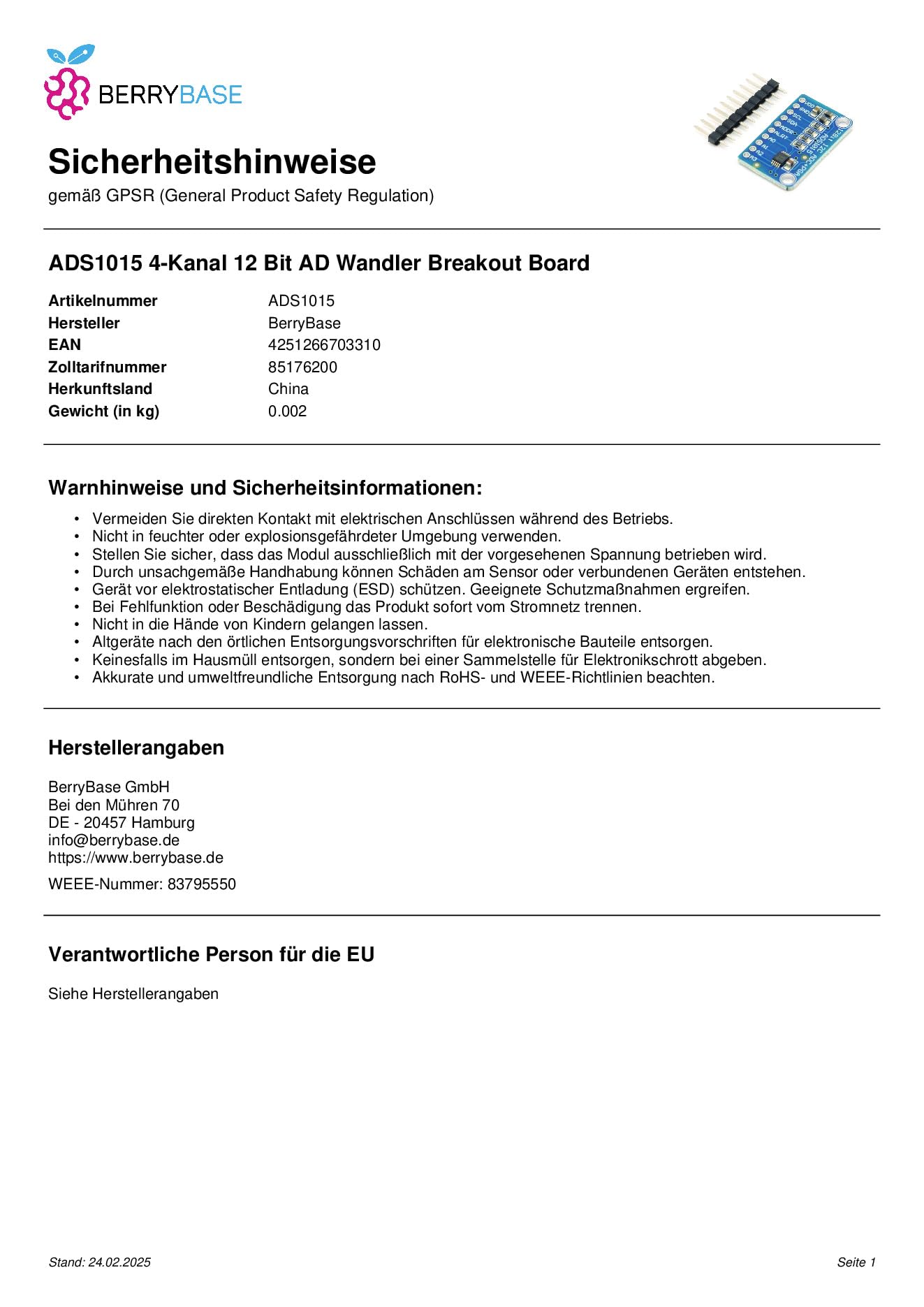 BerryBase ADS1015 4-Kanal 12 Bit AD Wandler Breakout Board