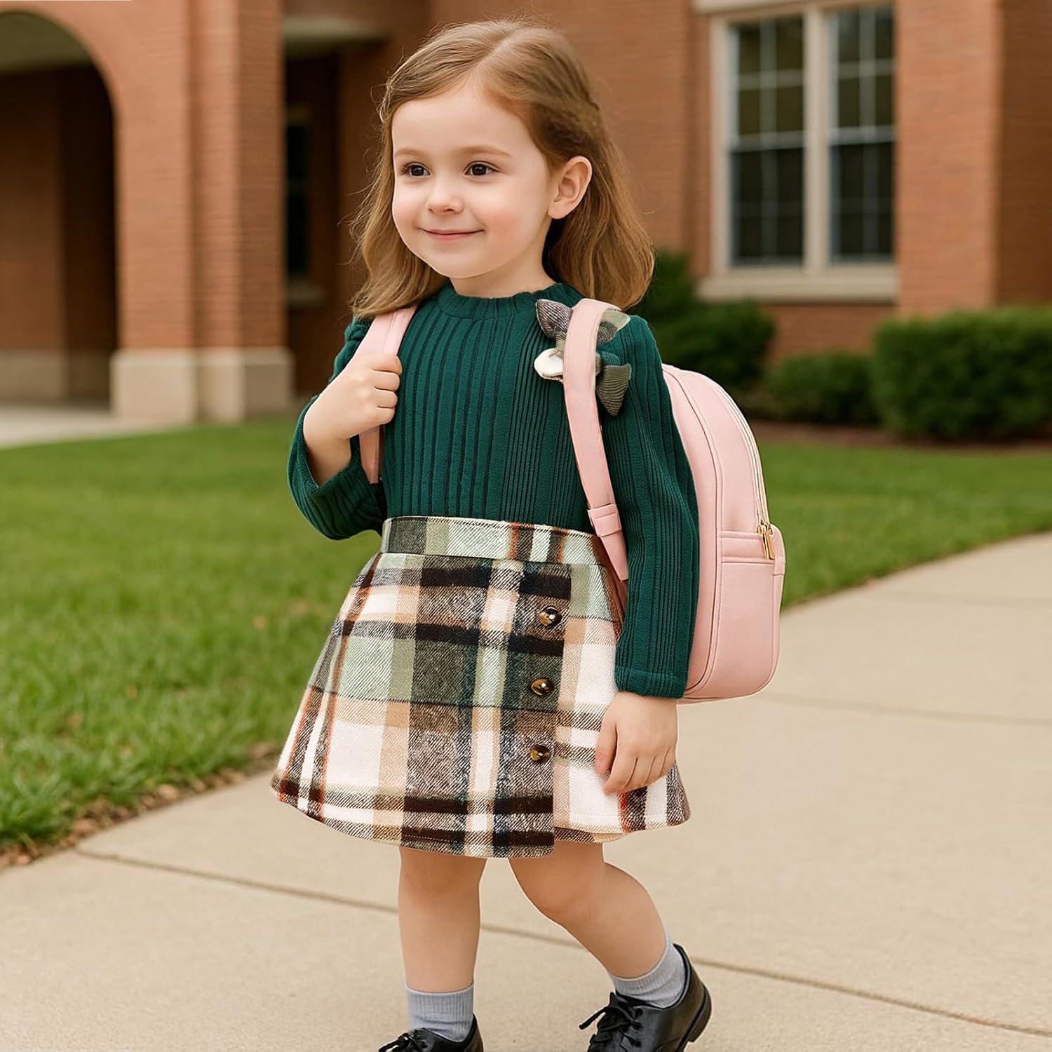 Toddler Girl Plaid Outfits Fall Winter Dress Knit Ribbed Bow Sweatshirt Tops and Button Fashion Skirts Set - Image 3