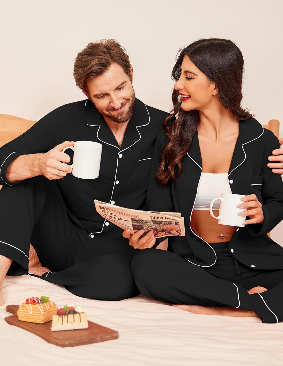 Ekouaer Couple Matching Pajamas 100% Cotton Long Sleeve Sleepwear Button Down Loungewear Pjs Set S-XXL - Image 3