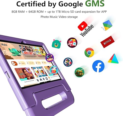 Miniatura 3 de Tablet para niños de 8 GB+64 GB, tableta Android 14 de 10 pulgadas para niños de 6000 mAh con funda, WiFi 6, Bth 5.2, cámara dual, GPS, controles