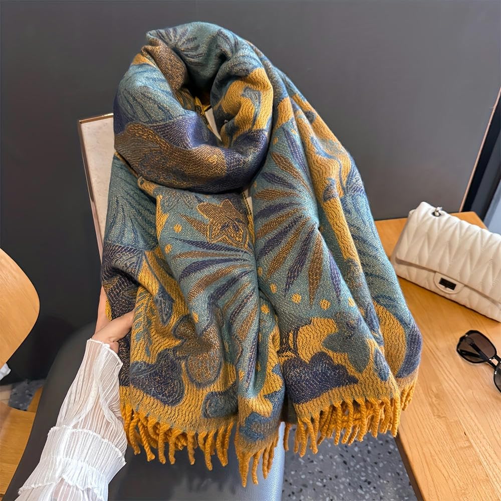 SYJYM Boho-Chic Oiseau Feuille Jacquard Écharpe Vintage Gland Châle Confortable Chaud Coupe-Vent Cape Femmes Parfait Hiver Folk Style Vintage