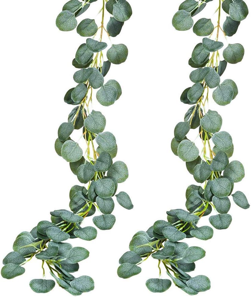 2 Pack Artificial Eucalyptus Garland with Greenery Ribbon, 3 Feet Hanging Eucalyptus Vines Faux Foliage for Wedding Backdrop Wall Flower Décor