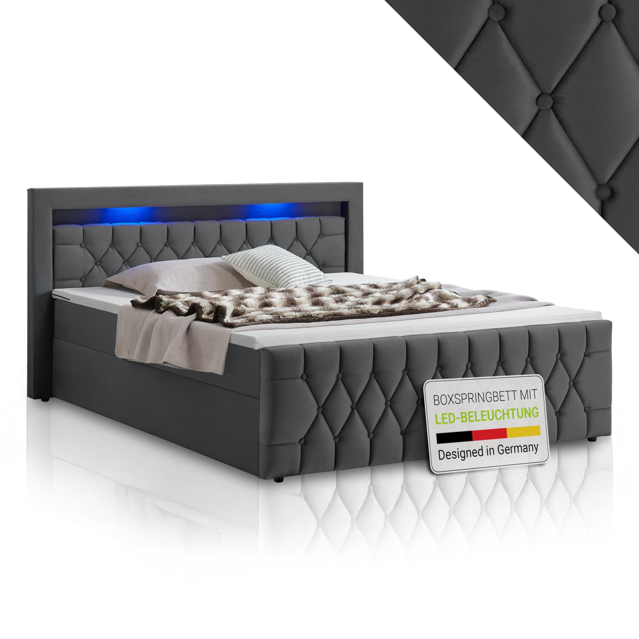 Juskys Boxspringbett Leona 140x200 cm – Grau, Samtbezug, LED-Beleuchtung, Topper und H4-Federkernmatratzen