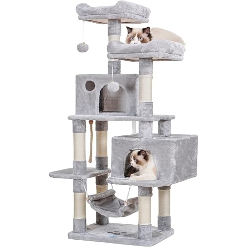 Hey-brother Multi-Level Cat Tree Condo Furniture with Sisal-Covered Scratching Posts, 2 Plush Condos, Perch Hammock for Kittens, Cats and Pets, Light Gray MPJ020-SW