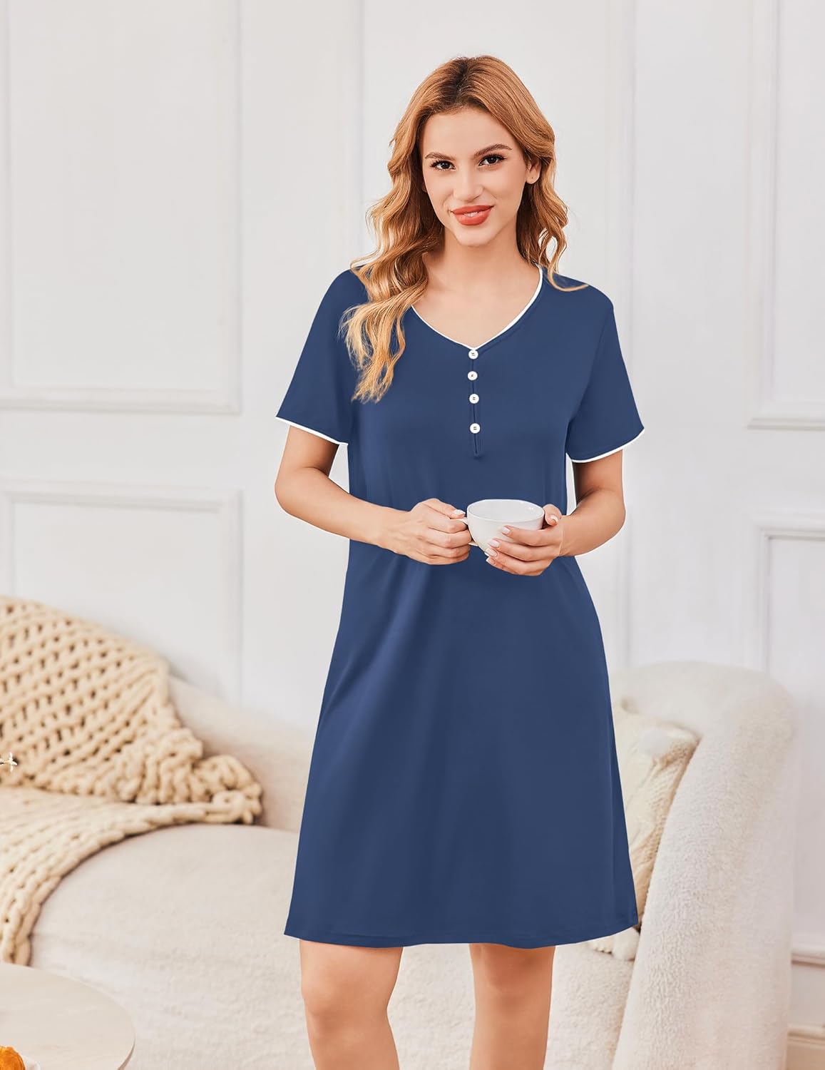 Ekouaer Sleep Shirts for women Nightgown Short Sleeve Night Shirts V Neck Casual Print Sleepwear Dress S-2XL - Image 2