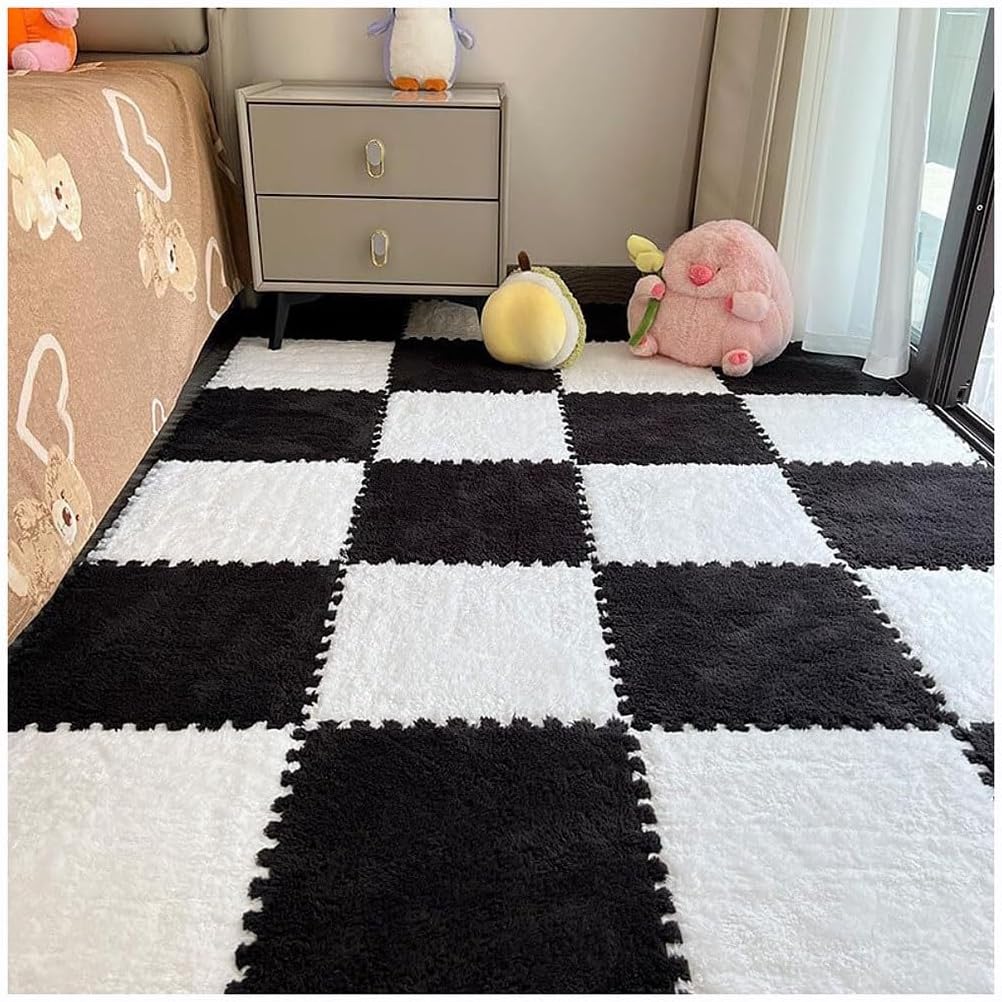 Patchwork Rugs - Carpet Puzzle Mats for Floor Fluffy Square Plush Interlocking Carpet Tiles Rug Puzzle Mats for Floor(Black+White,20 pcs)
