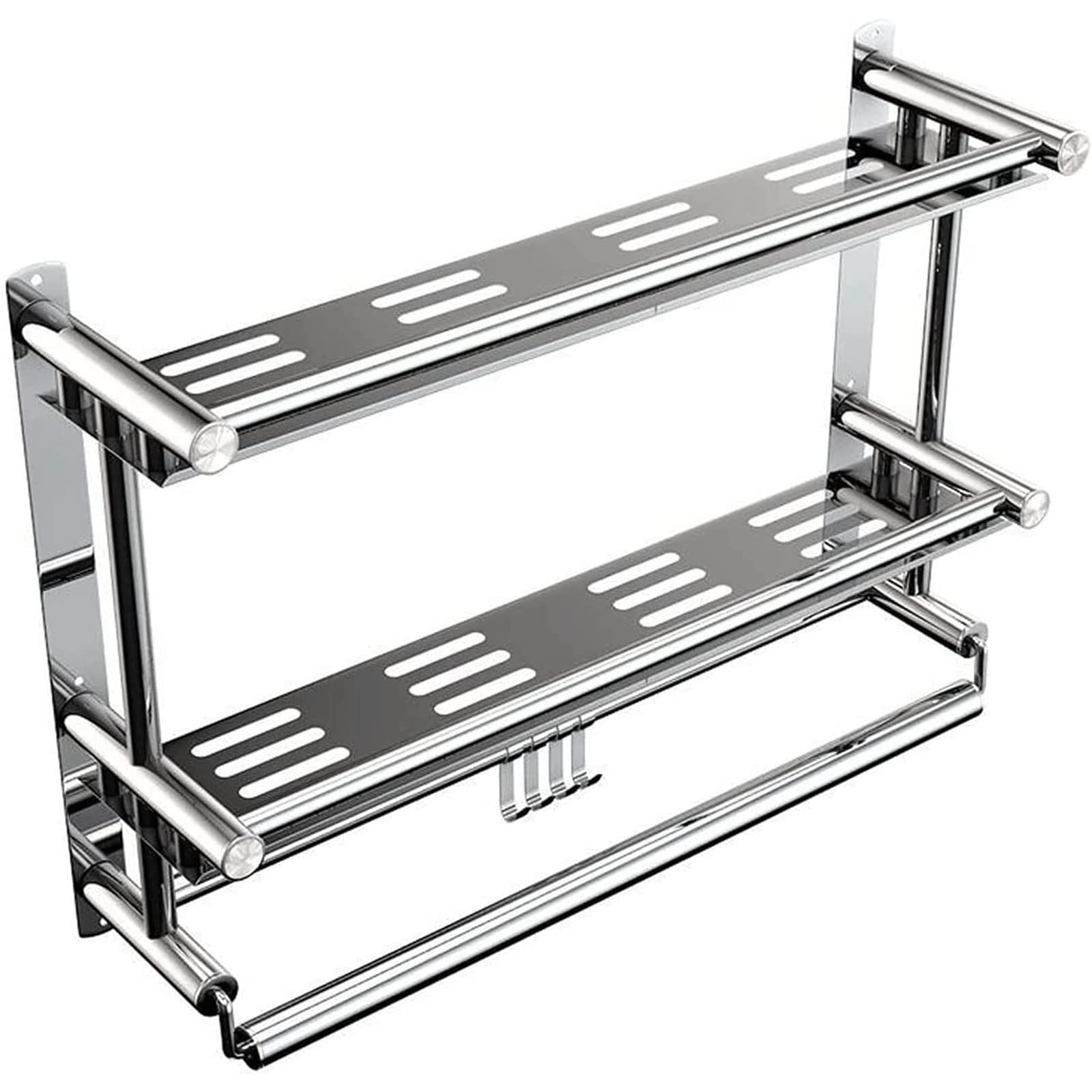 2 Layer Stainless Steel Shower Caddy Organizer with Hooks Wall Mounted Storage Shelf Rack for Inside Shower Bathroom