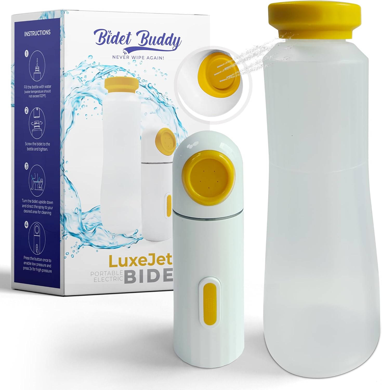 BIDET BUDDY LuxeJet Portable Bidet for Travel | 300ml/min Flow | 450mAh Battery | 350ML Bottle | IPX7 Waterproof | USB-C Charging | Gentle & Safe for Postpartum & Babies with Soft Pressure